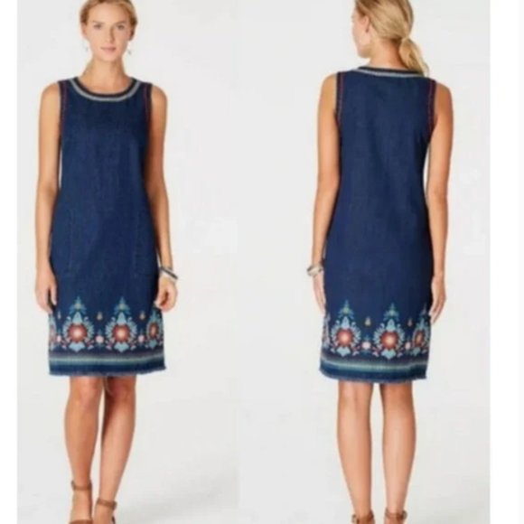 J. Jill Dresses J Jill Denim Dress Floral Embroidered Sleeveless